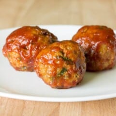 3 Honey BBQ Chicken Meatballs on a white plate