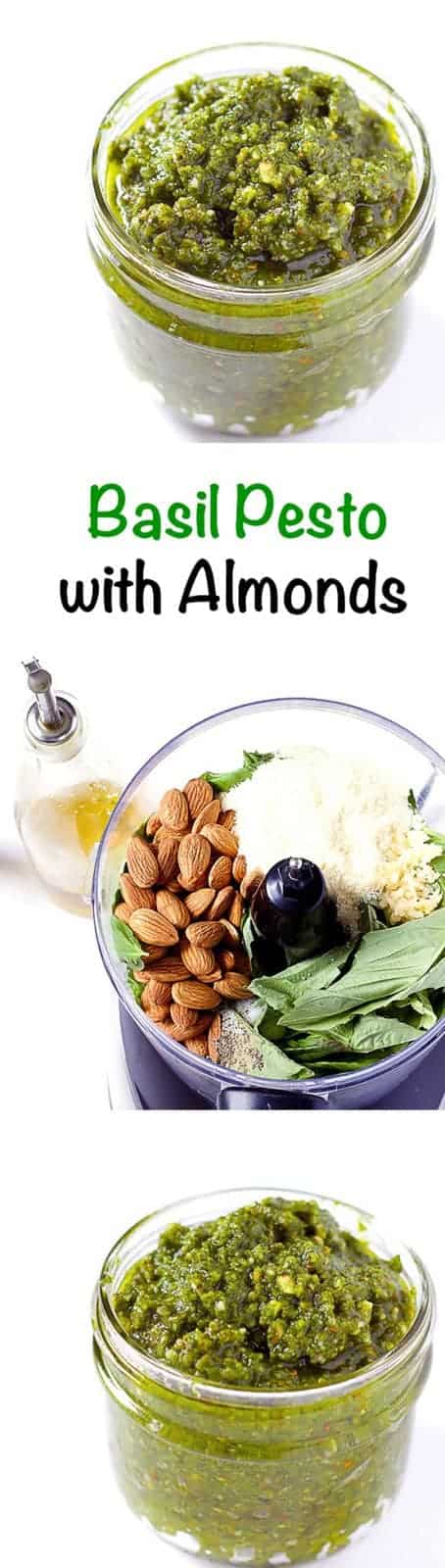 3 image collage with text showing Basil Pesto with Almonds