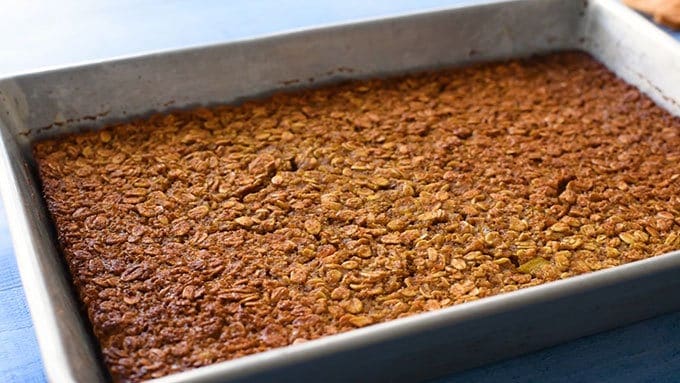 Baked pumpkin oatmeal recipe in a baking dish