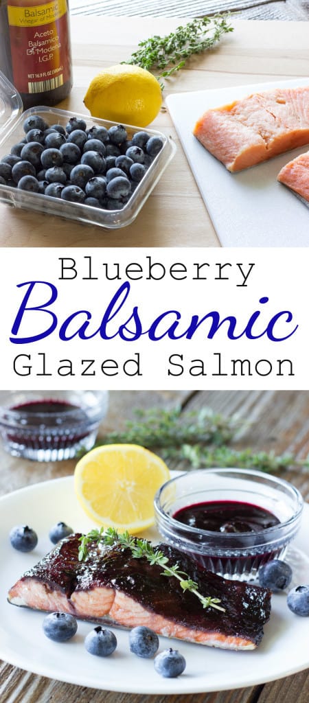 2 image collage with text showing Blueberry Balsamic Glazed Salmon