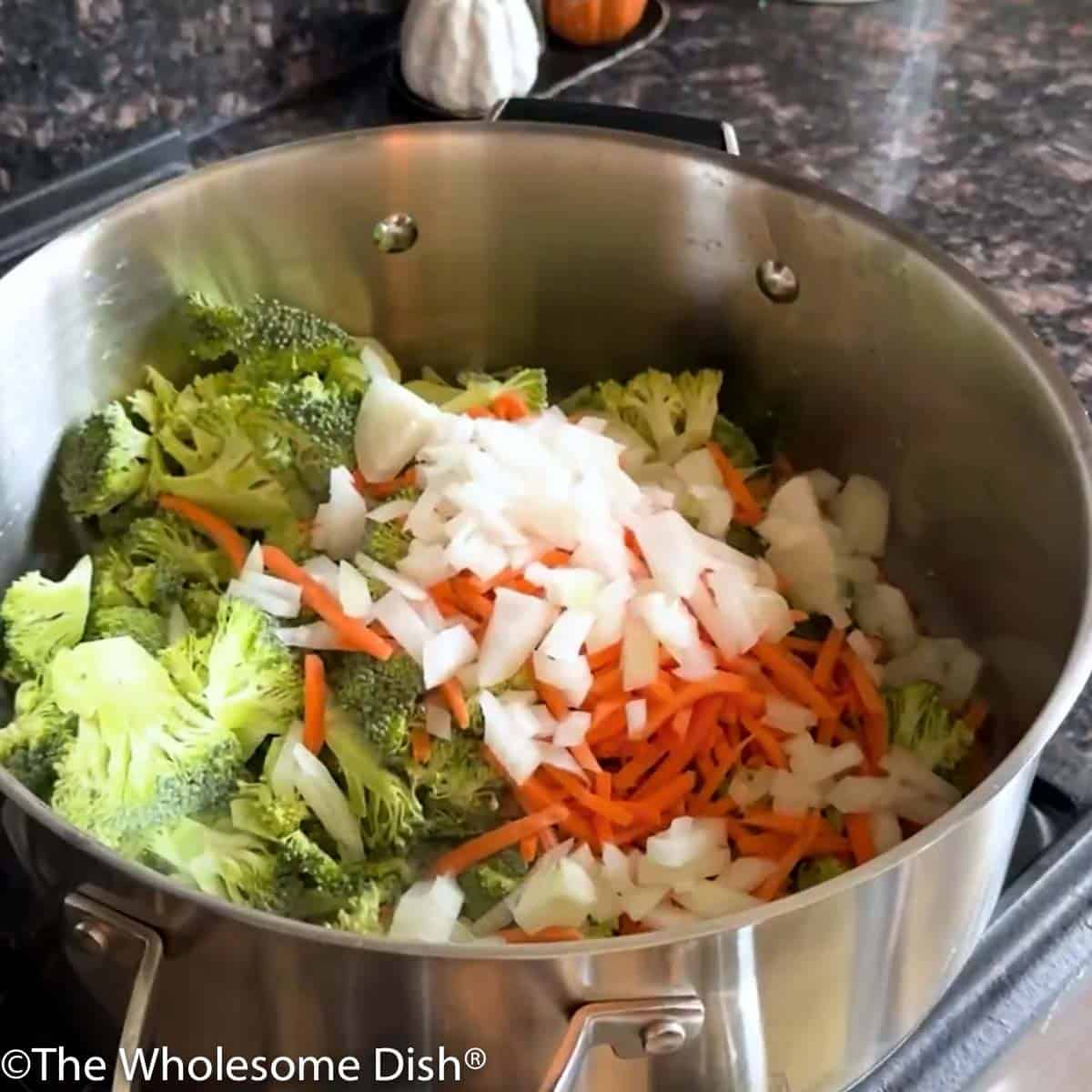 Soup pot full of broccoli florets, grated carrots, and diced onion.