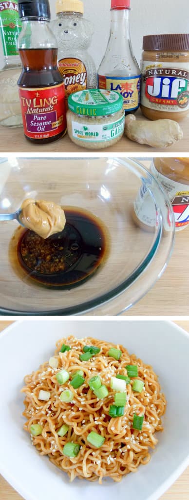 3 image collage showing making Sesame Peanut Butter Noodles