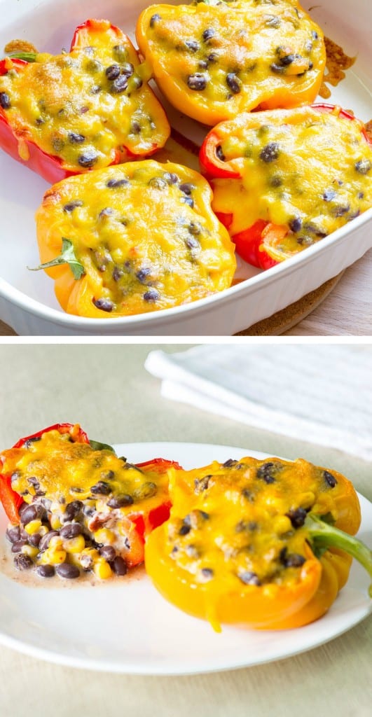 2 image collage of cooked Chipotle Black Bean & Corn Stuffed Peppers covered in cheese