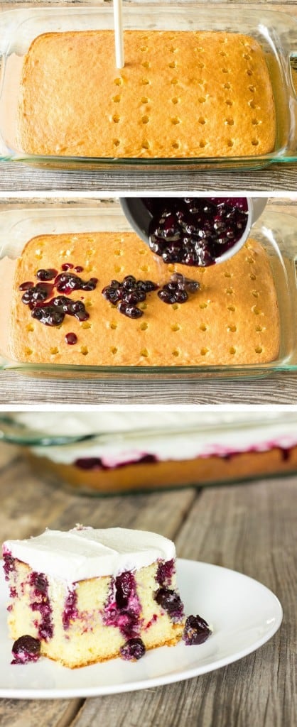 3 image collage showing making Blueberry Lemon Poke Cake