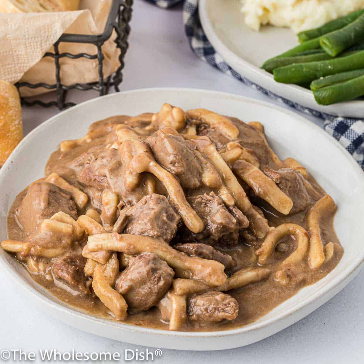 Bowl full of beef & noodles.