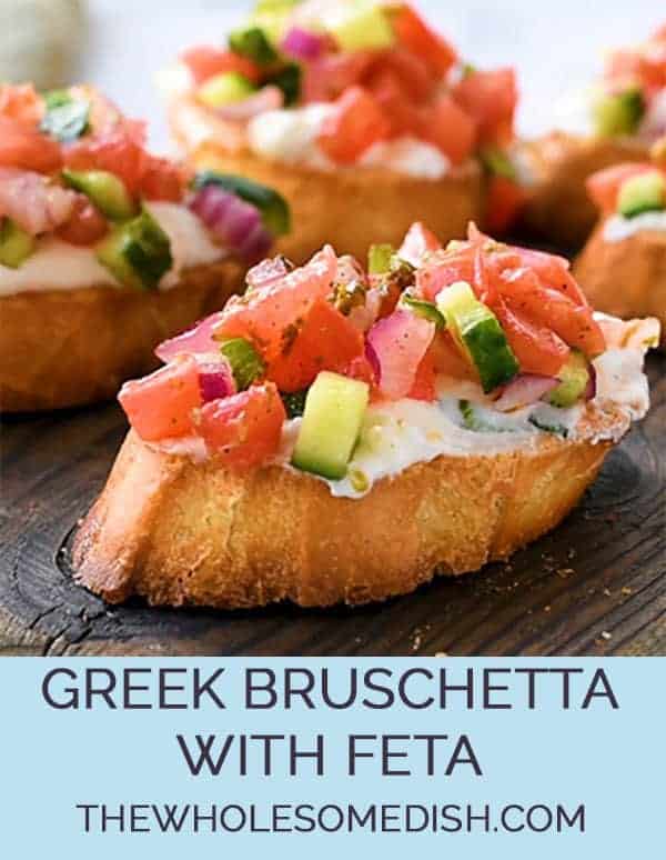 Greek Bruschetta recipe with toasted bread, creamy feta spread, and Greek vinaigrette seasoned veggies