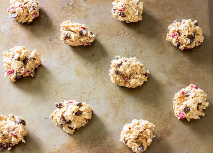 uncooked Coconut Oil Cowboy Cookies on a baking sheet