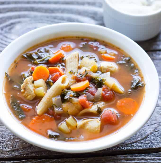 white bowl full of Italian Chicken Noodle Soup