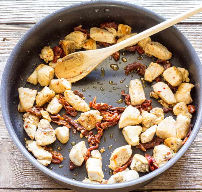 skillet with chicken and sun-dried tomatoes