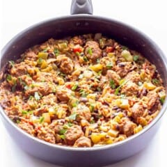 skillet full of One Pot Wonder Spanish Rice with Chorizo