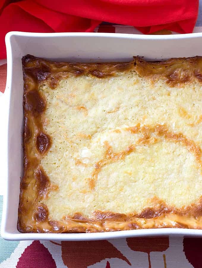 baking dish full of Pumpkin Pie Cobbler