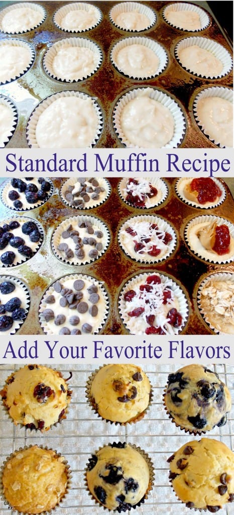 standard muffin recipe 3 image collage with text. images showing uncooked and cooked muffins