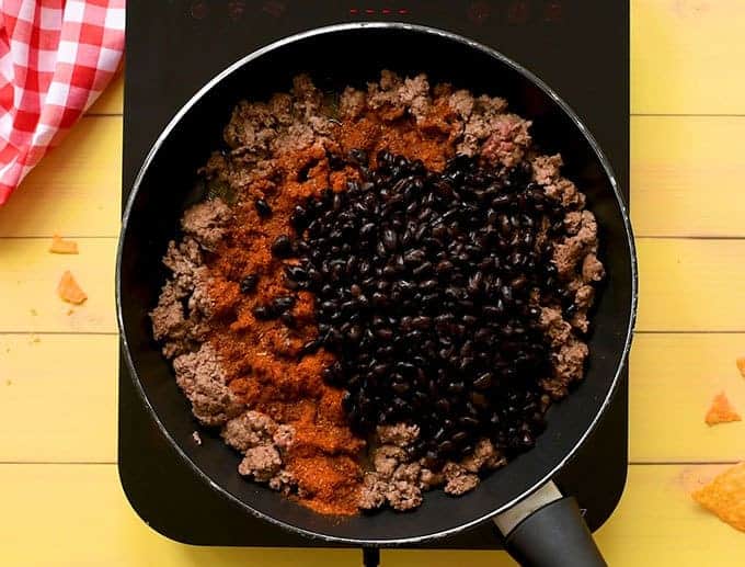 ground beef, taco seasoning, black beans, and salsa for taco salad