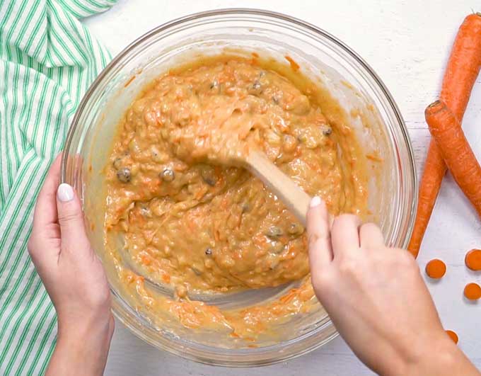 Bowl full of moist carrot cake batter