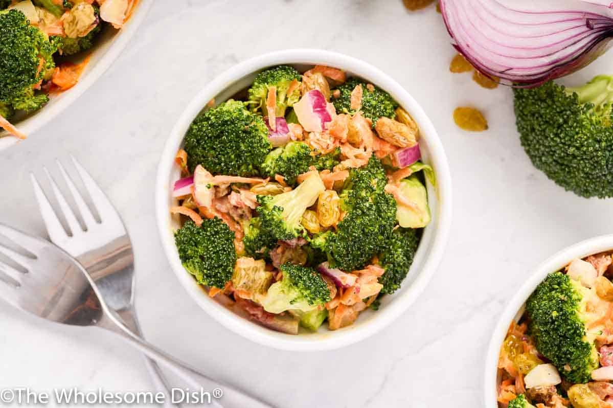 broccoli salad in a white bowl