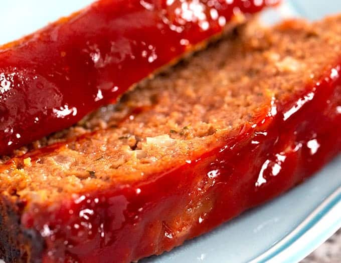 Best Meatloaf recipe - 2 slices on a blue plate