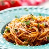 spaghetti in a blue bowl