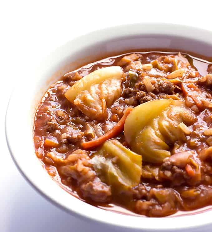 white bowl full of Unstuffed Cabbage Roll Soup