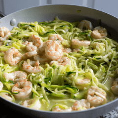 Lemon Garlic Shrimp and Zucchini Noodles in a skillet