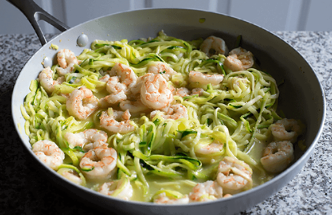 Lemon Garlic Shrimp and Zucchini Noodles in a skillet